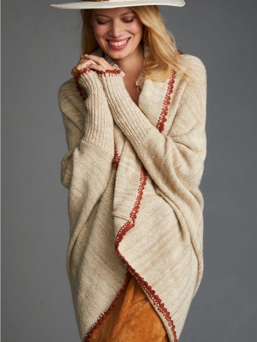 Anthropologie Cream Knit Poncho with Red Fox Appliqué - Picture 3 of 8
